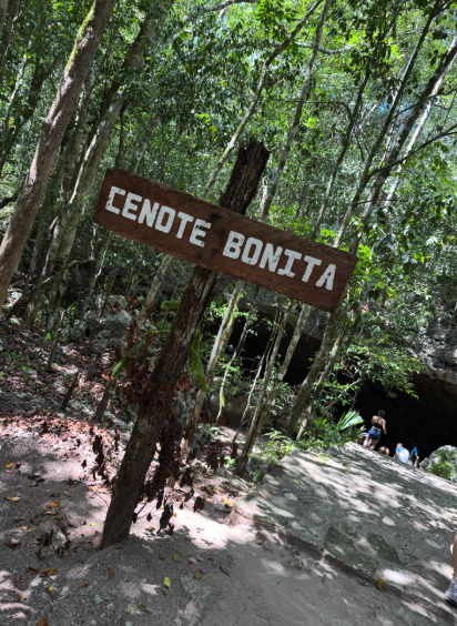 Still green water and overhanging rock at Cenote Bonita