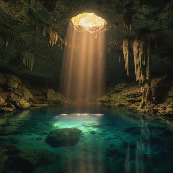 Deep blue water in a partly collapsed cenote near Tulum